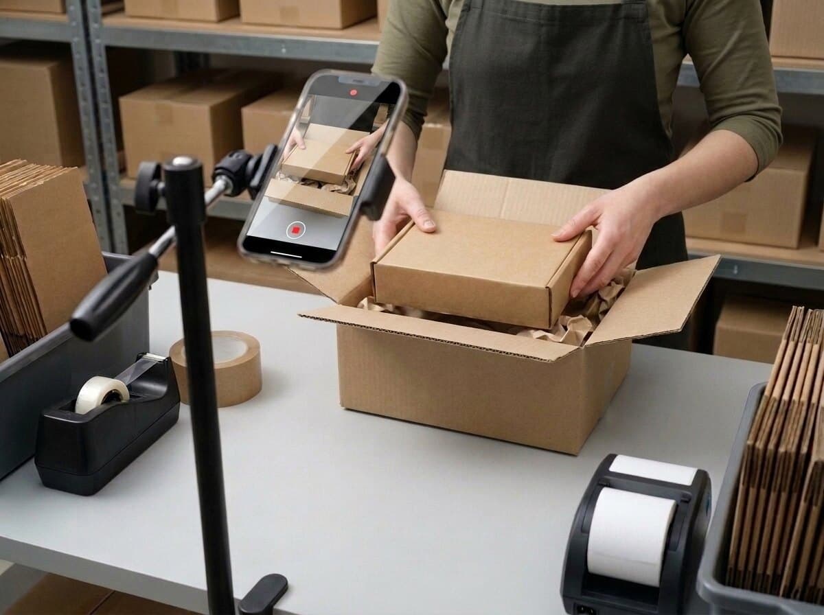 The item is lowered into a padded carton while the phone records.