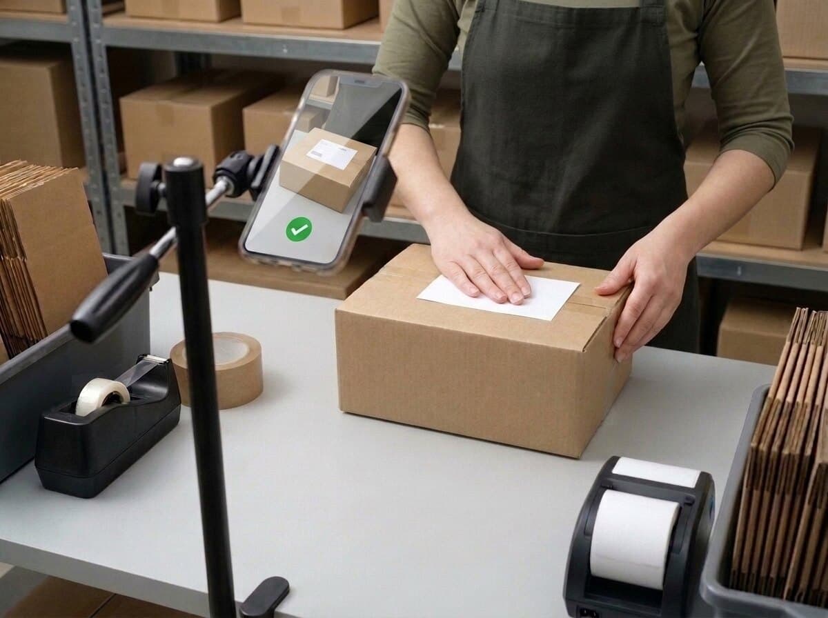 The sealed, labelled carton on the bench; the phone shows a frozen frame with a green tick.