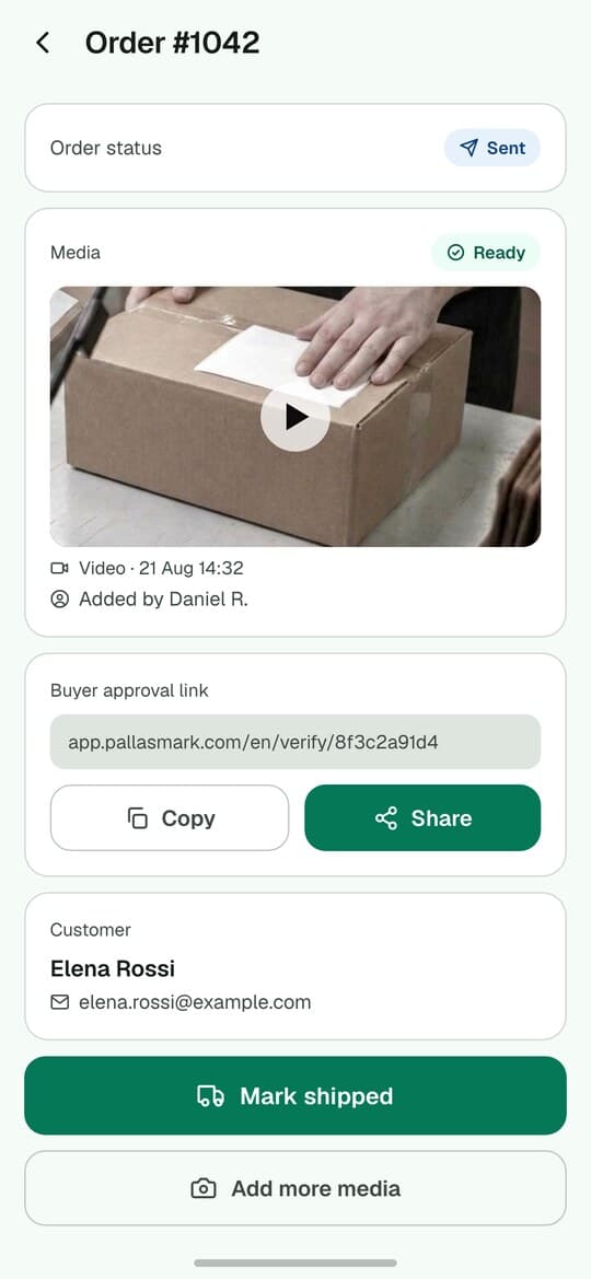 The order screen after sending: status Sent, the video attached and marked Ready, and the buyer approval link.