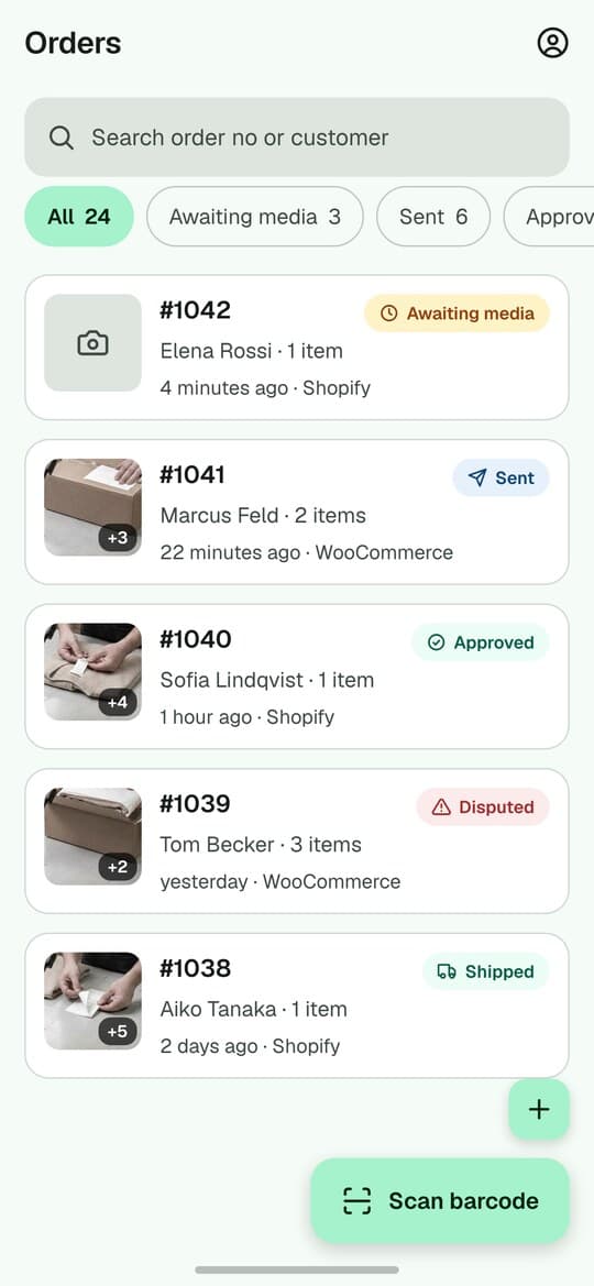 The order list in the app: orders pulled from the store, the ones awaiting a recording marked, and a Scan barcode button.