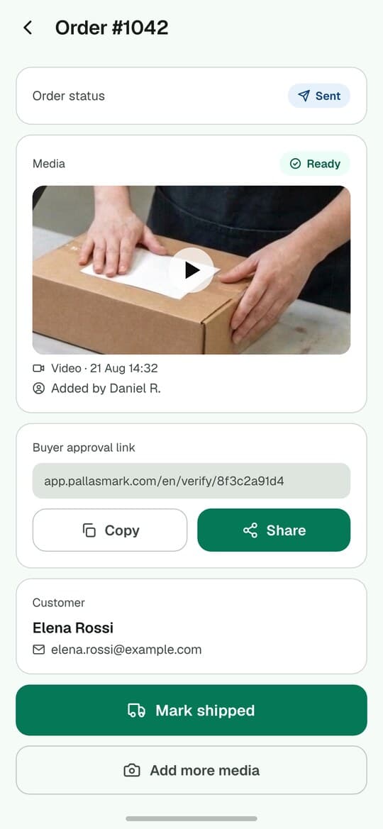The order screen after sending: status Sent, the video attached and marked Ready, and the buyer approval link.