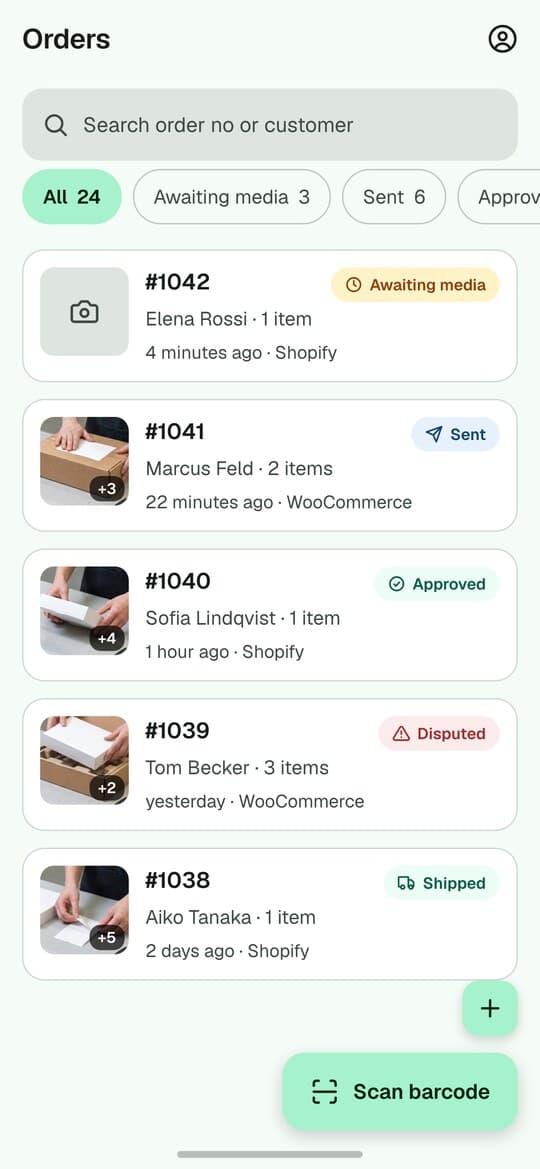 The order list in the app: orders pulled from the store, the ones awaiting a recording marked, and a Scan barcode button.