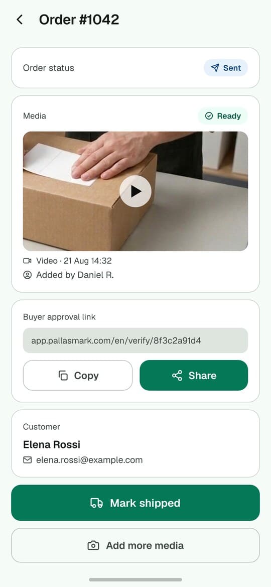 The order screen after sending: status Sent, the video attached and marked Ready, and the buyer approval link.