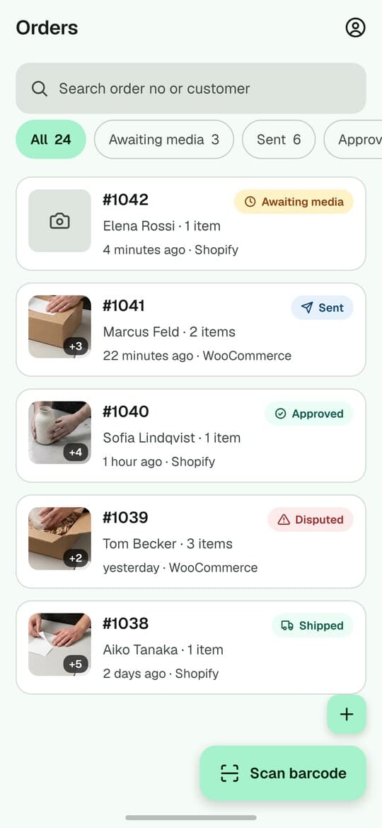 The order list in the app: orders pulled from the store, the ones awaiting a recording marked, and a Scan barcode button.