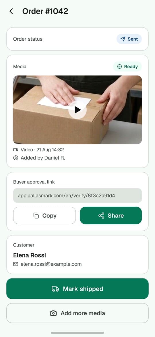 The order screen after sending: status Sent, the video attached and marked Ready, and the buyer approval link.