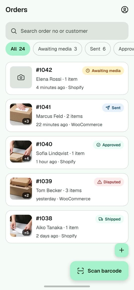 The order list in the app: orders pulled from the store, the ones awaiting a recording marked, and a Scan barcode button.