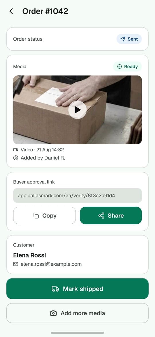 The order screen after sending: status Sent, the video attached and marked Ready, and the buyer approval link.