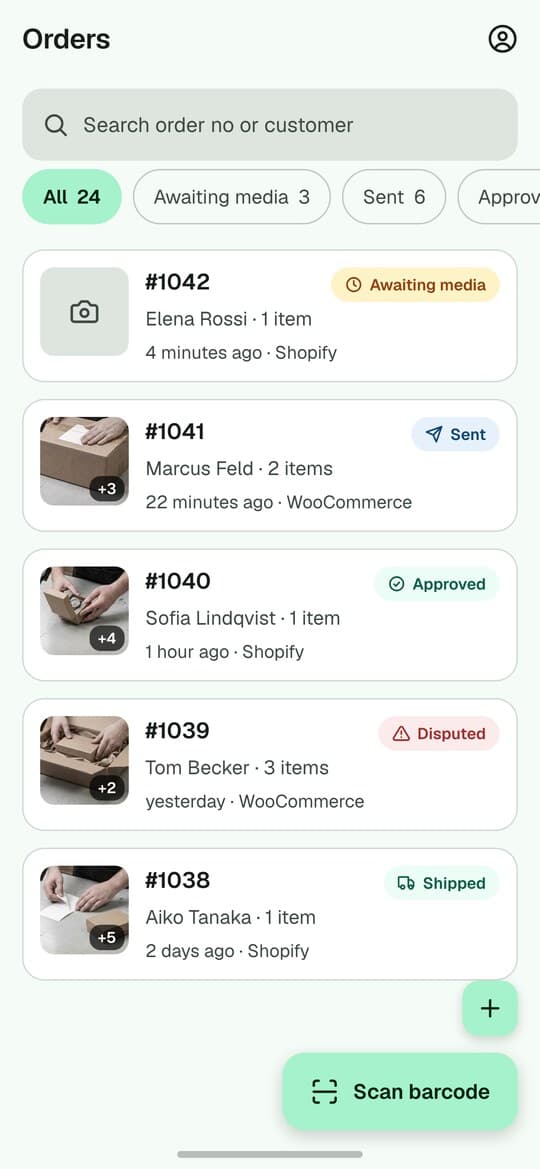 The order list in the app: orders pulled from the store, the ones awaiting a recording marked, and a Scan barcode button.