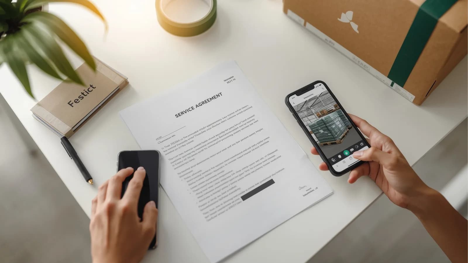 A 3PL service agreement lying on a warehouse desk next to a phone showing a photographed pallet, with racking softly out of focus behind.