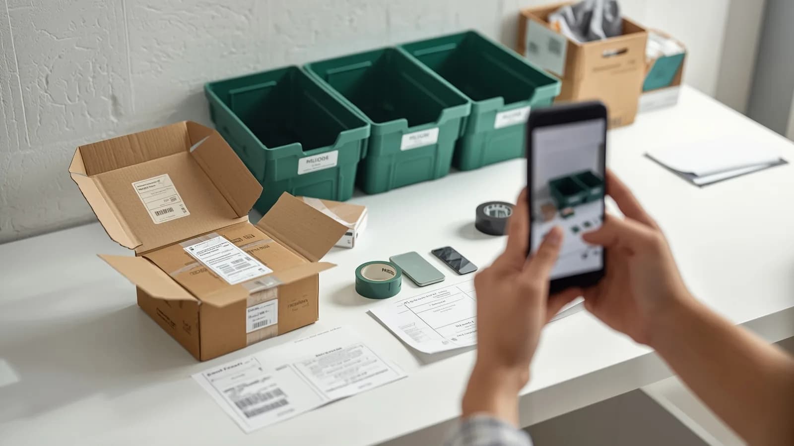 An editorial illustration of a returns inspection table with an opened parcel, a returned item laid out with its accessories, grade bins labeled by color only, and a phone photographing a close-up defect.
