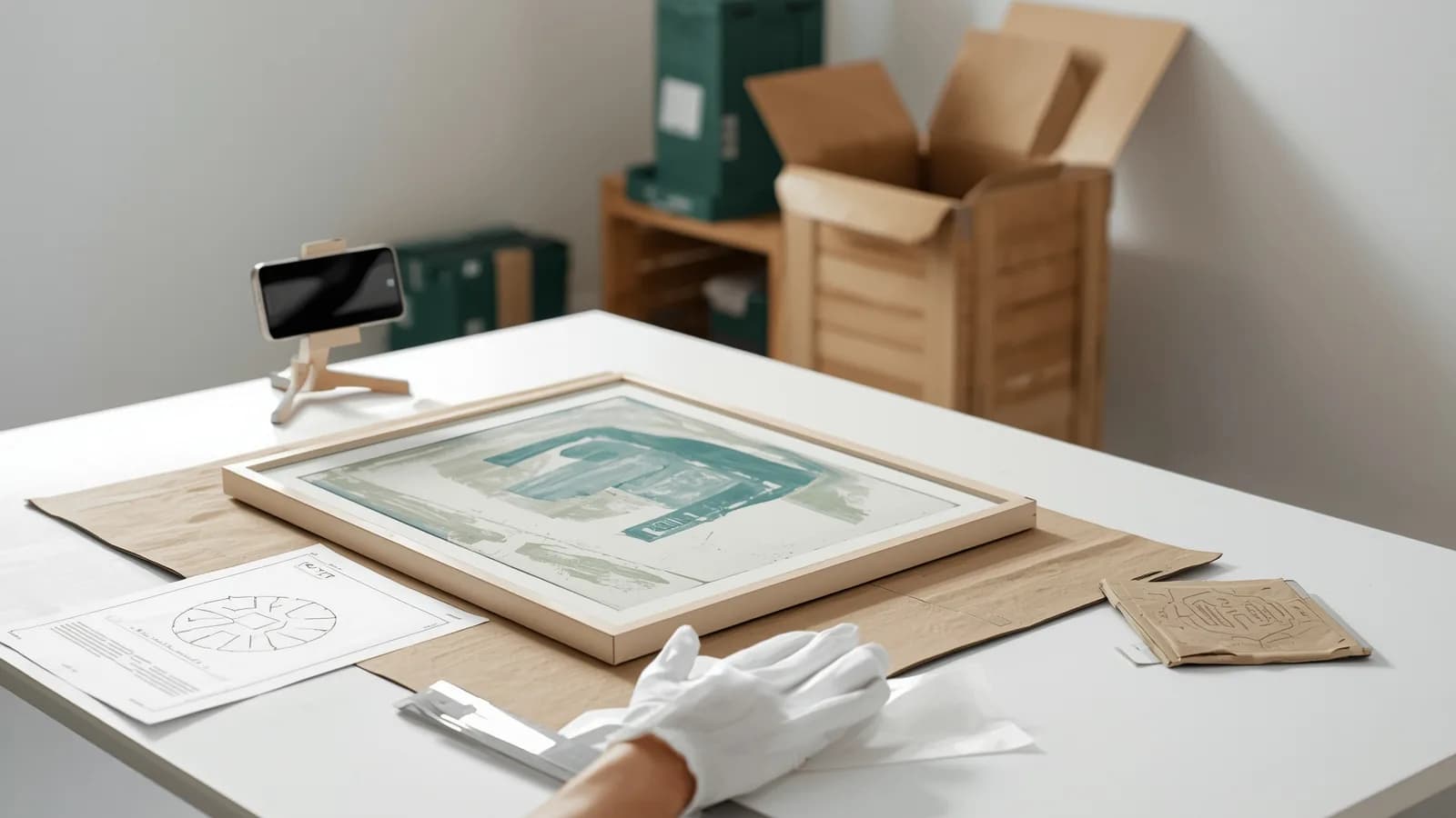 A framed painting lying face up on a padded table beside a printed condition report form, a ruler and white gloves, with a phone recording from a stand.