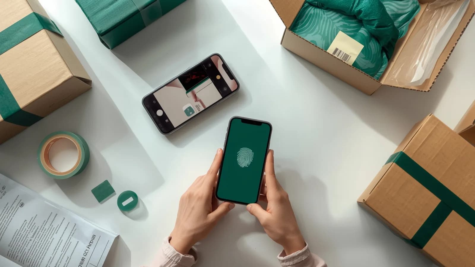 An editorial illustration of a packing bench where a phone records a parcel, next to a sealed record being checked on a second screen.