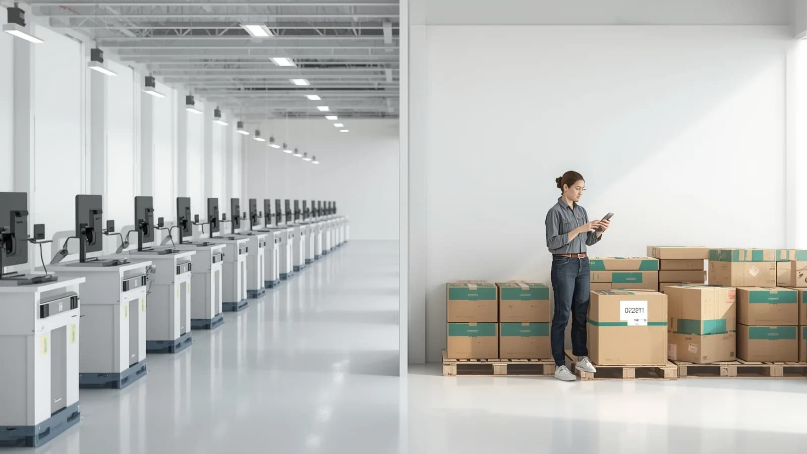 An editorial illustration of a long row of pack stations with cameras mounted overhead, beside a single packer at an open bench recording a carton with a phone.