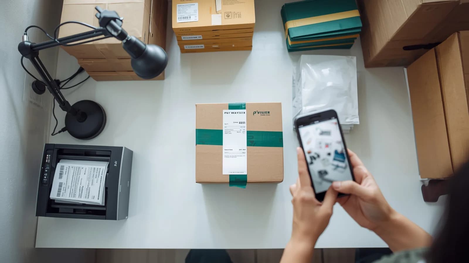 An editorial illustration of a busy marketplace packing table where a phone records a parcel being turned to show all six sides, its air waybill facing the camera.