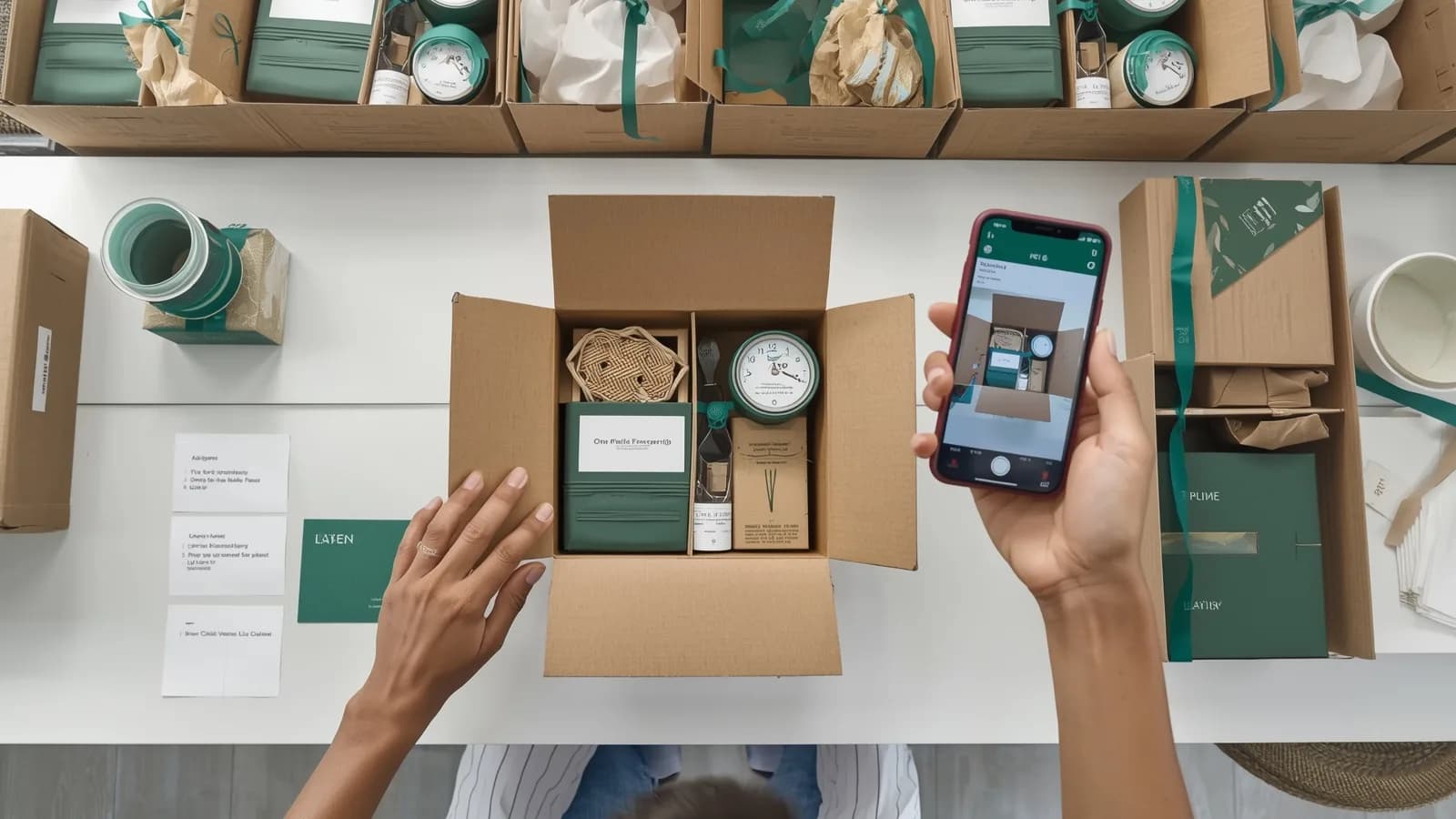 An open subscription box on a packing bench with its curated items laid out in a set pattern, photographed from above by a phone before the lid closes.