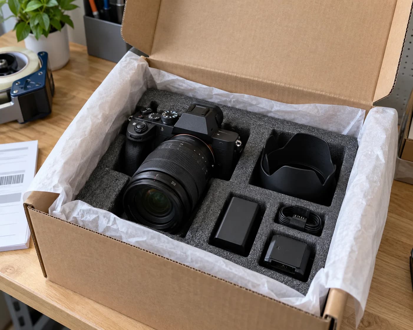 Illustrative premium camera kit secured in protective packaging inside an open shipment carton