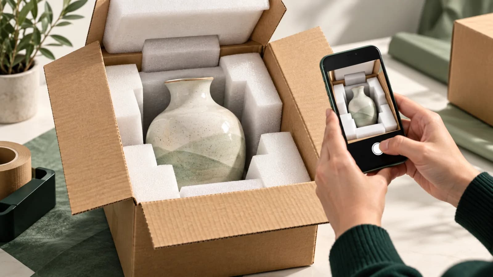 An editorial illustration of a fragile item, protective packing material and a sealed parcel condition record.