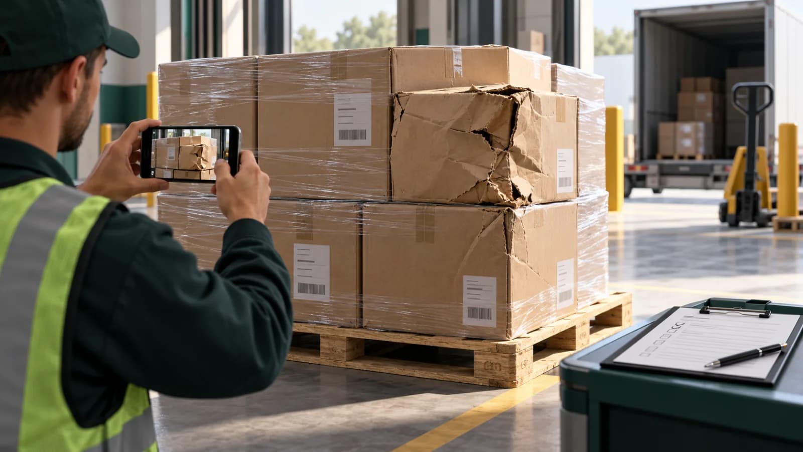 An editorial illustration of a receiving operator documenting a visibly crushed carton on a stable pallet at a warehouse dock.