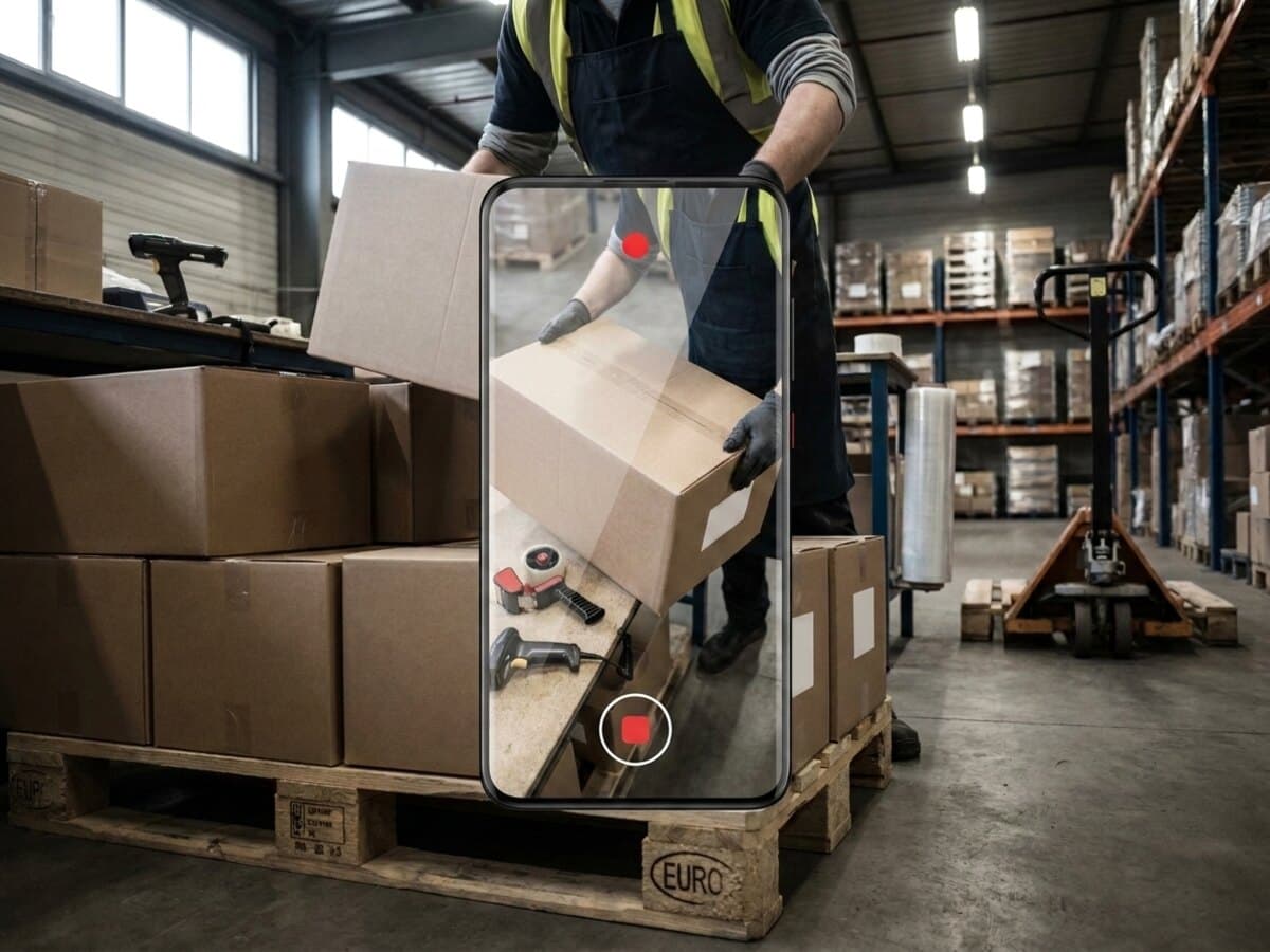 A warehouse worker holds a case up to a phone recording the pallet being built.
