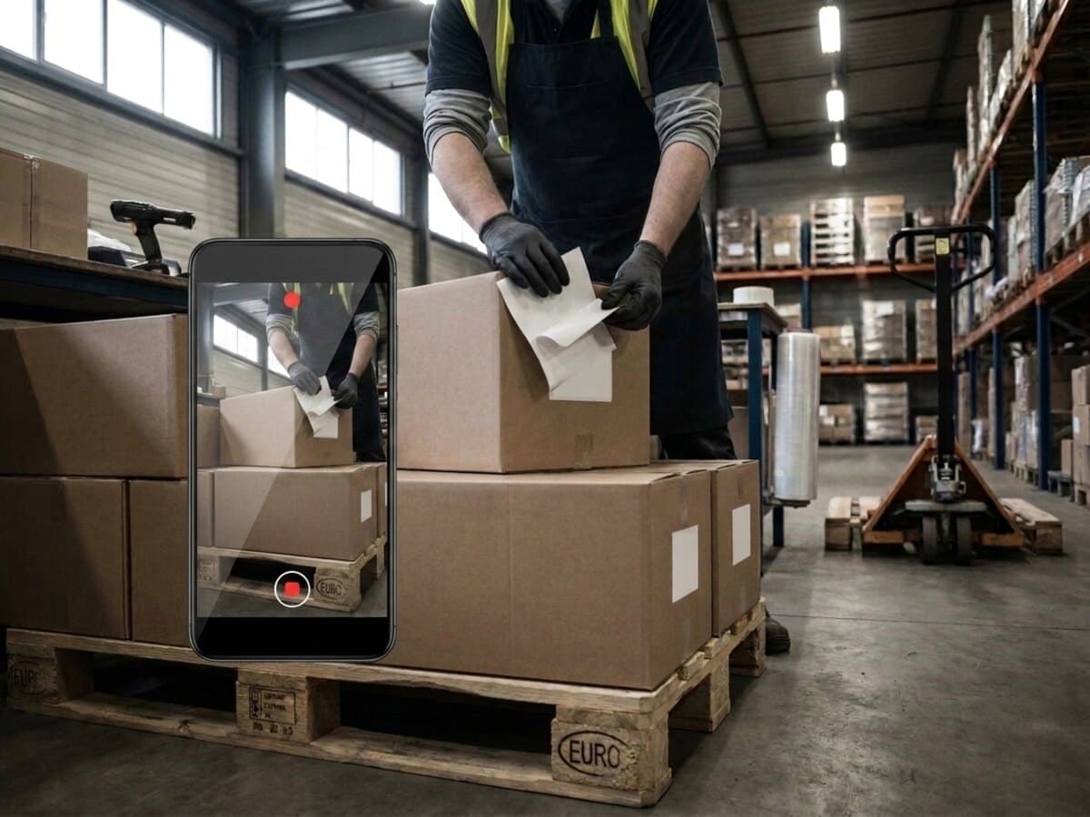 A blank pallet label is peeled from its backing in front of the recording phone.
