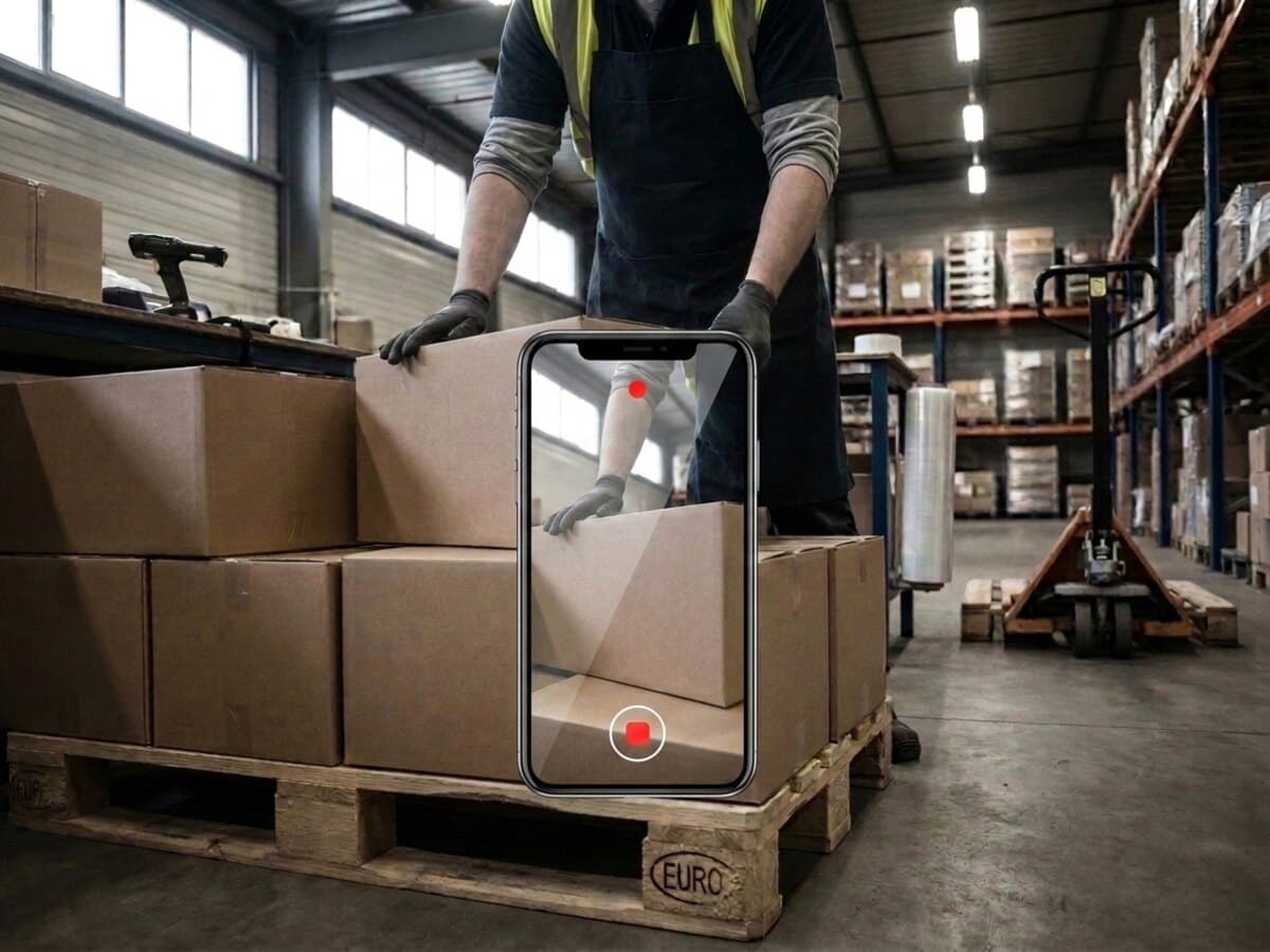 A case is set squarely onto the top layer of the pallet while the phone records.
