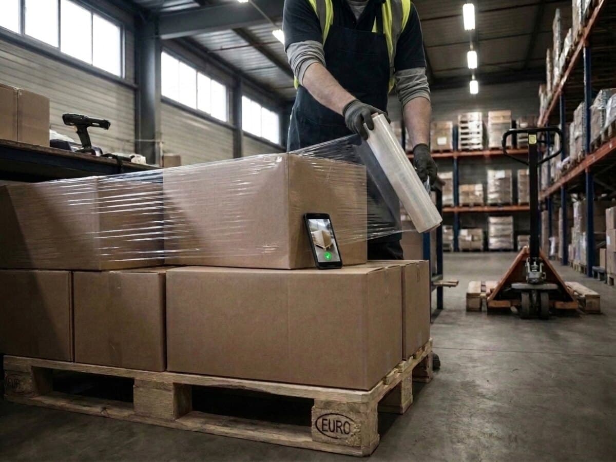 The finished, wrapped pallet; the phone propped against it shows a frozen frame with a green tick.