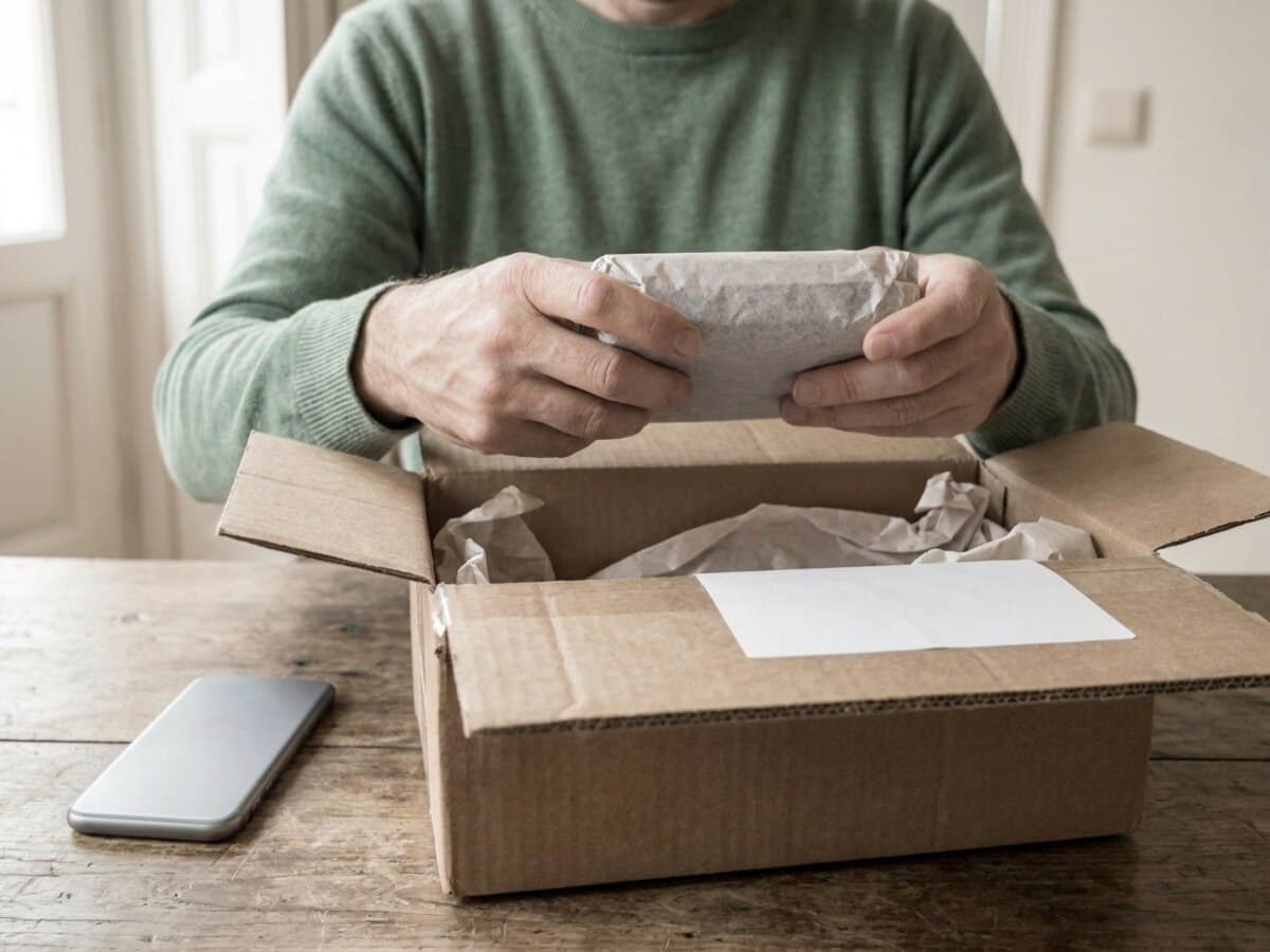 The customer lifts the wrapped item out of the opened box at their kitchen table.