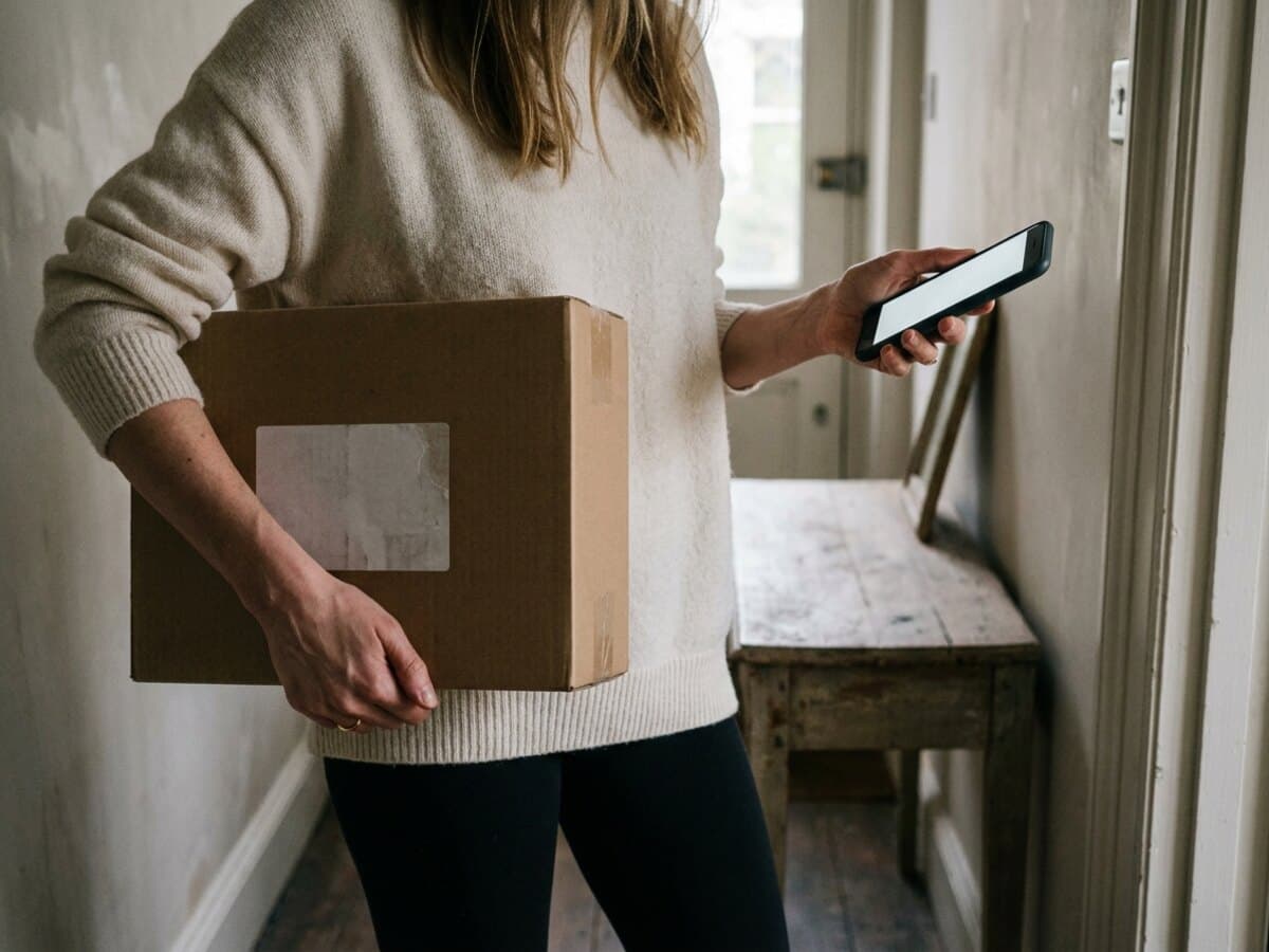 A customer in her hallway with the parcel under one arm, opening the verification link on her phone.