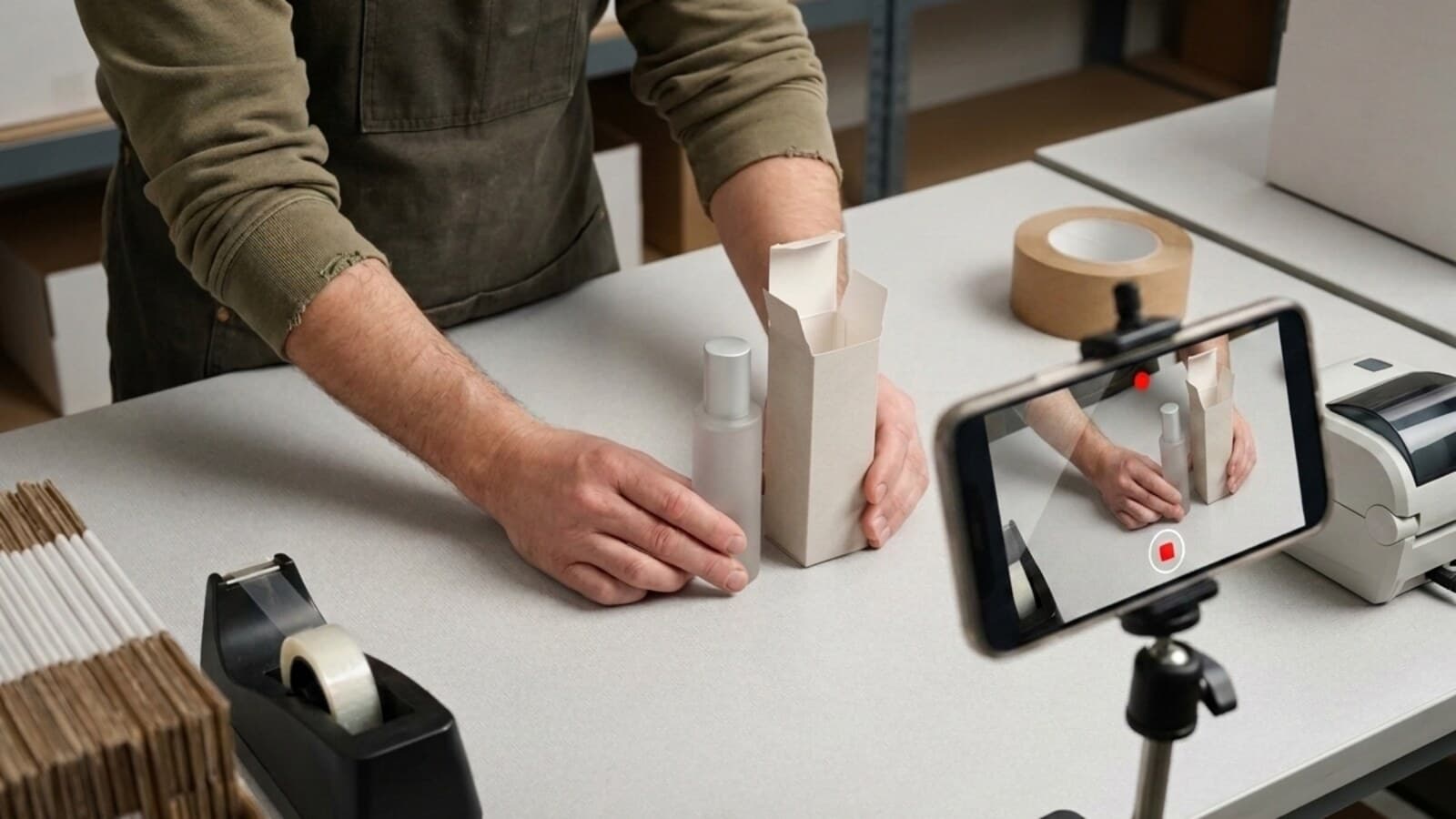 A packing bench with a phone on a stand recording the product before it goes into the box.