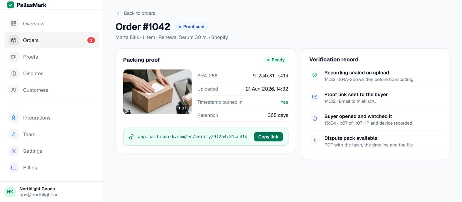 The order detail page: the sealed packing proof with its SHA-256 fingerprint and the public verify link.