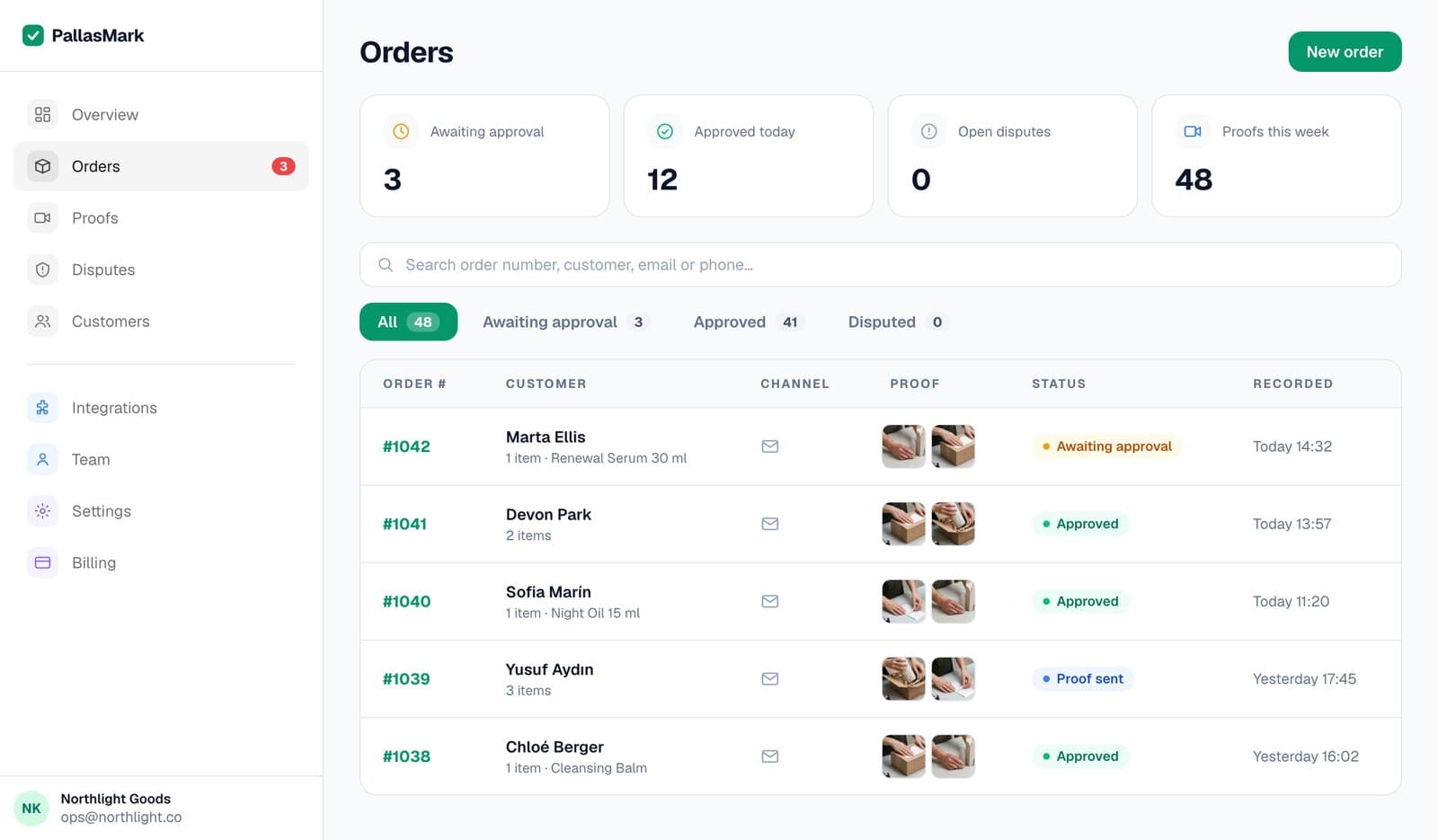 The orders list in the PallasMark panel: orders pulled from the store, their proof thumbnails and status.