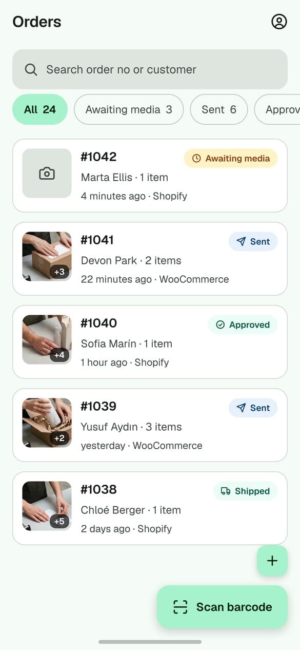 The order list in the mobile app, with a Scan barcode action.