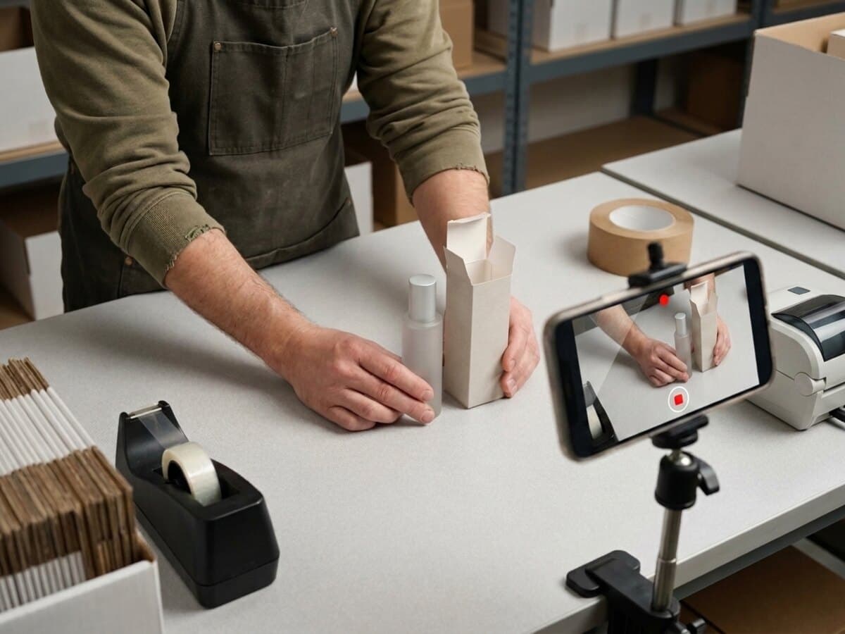 The packer holds the product up to a phone mounted on a stand at the packing bench.