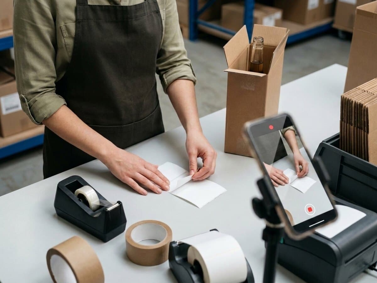 The shipping label is peeled from its backing sheet in front of the mounted phone.