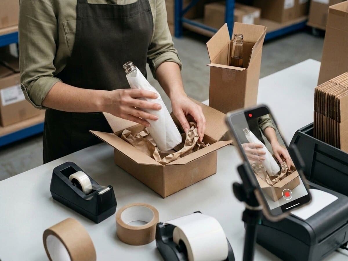The wrapped product is lowered into a corrugated carton lined with paper while the phone records.