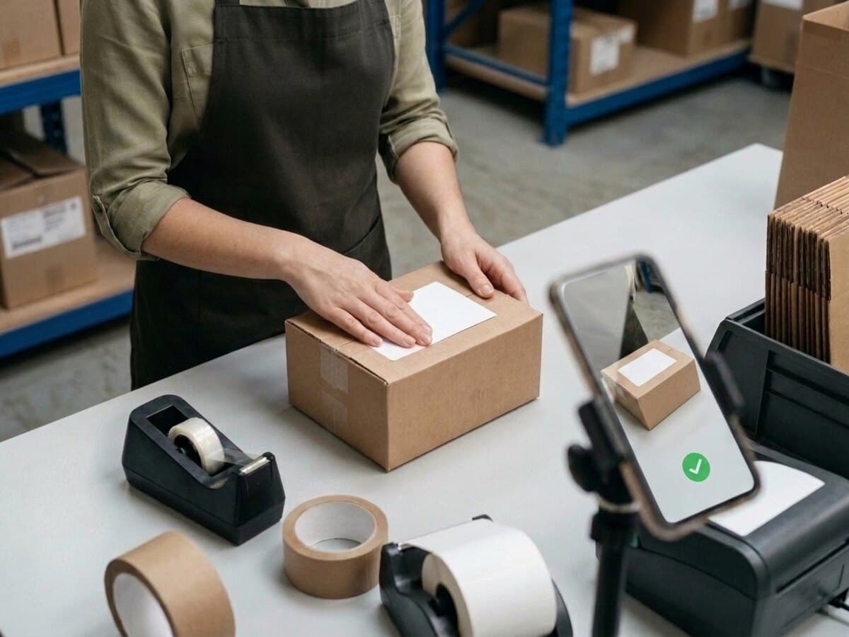 A hand smooths the shipping label onto the taped-shut carton; the phone shows a green check.