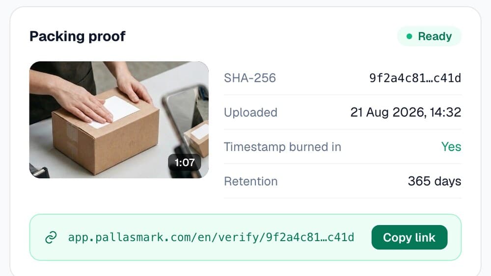 The sealed proof in the panel: fingerprint, upload time and the public verify link.