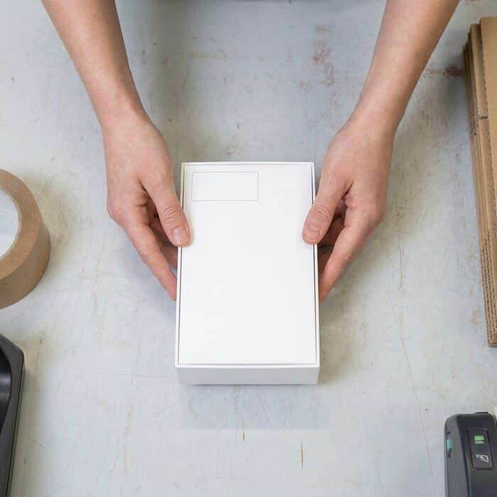 A product box turned to show its blank data panel