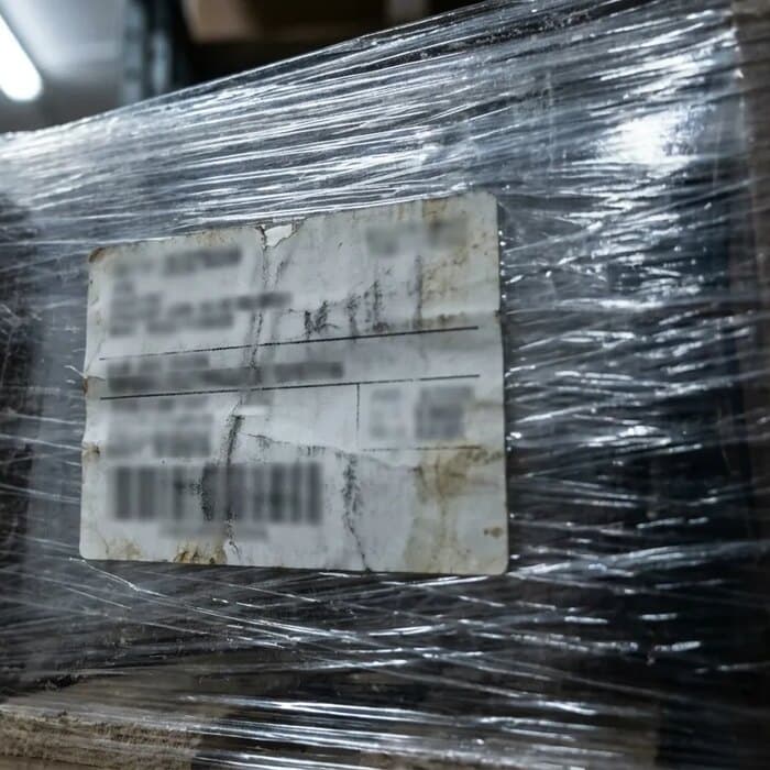 A stretch-wrapped pallet with its shipping paperwork under the film