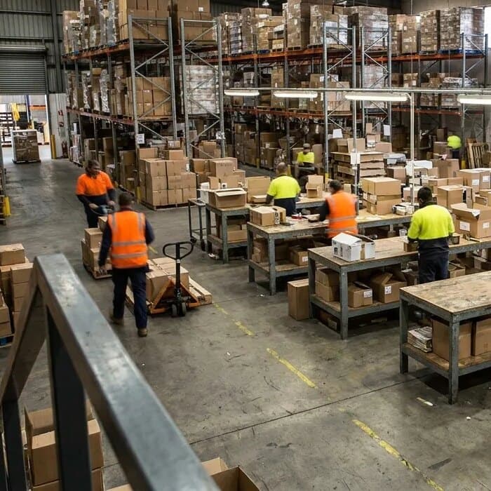 Packing benches on the warehouse floor with cases being prepared