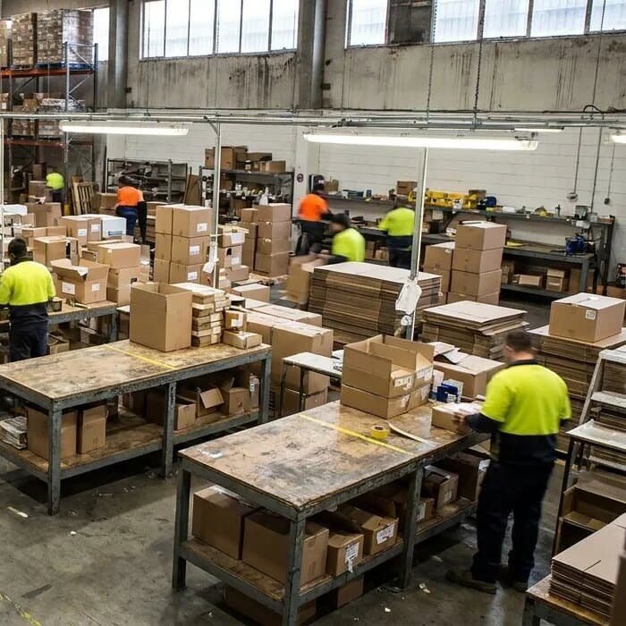 Staff working along a row of packing benches under warehouse racking