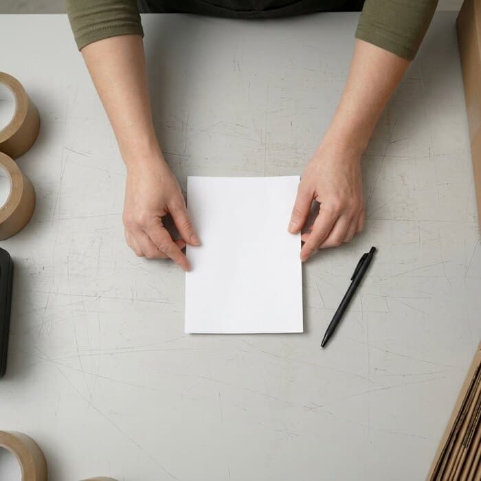 A blank picking slip and a pen on the packing bench