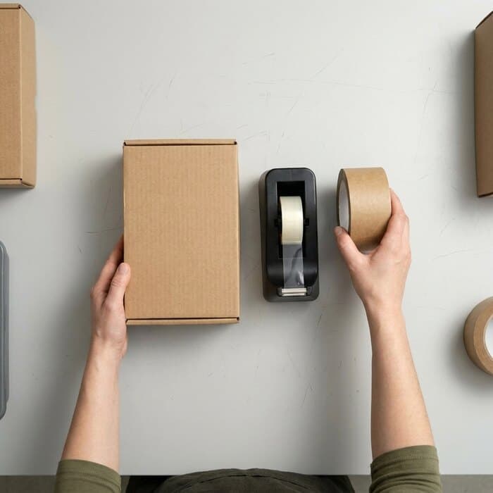 A tape dispenser and paper tape beside a closed carton