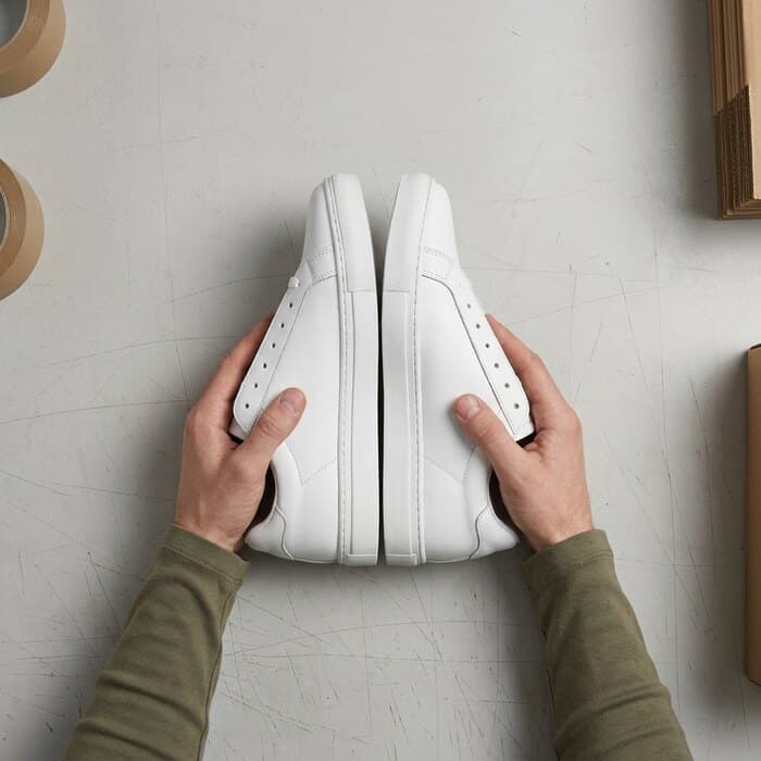 A pair of clean white sneakers held up to the camera before packing