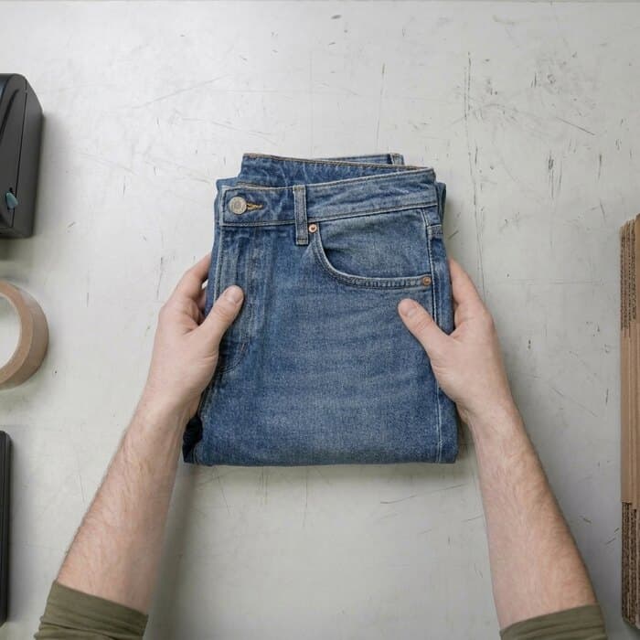 A pair of folded denim jeans presented to the camera before boxing