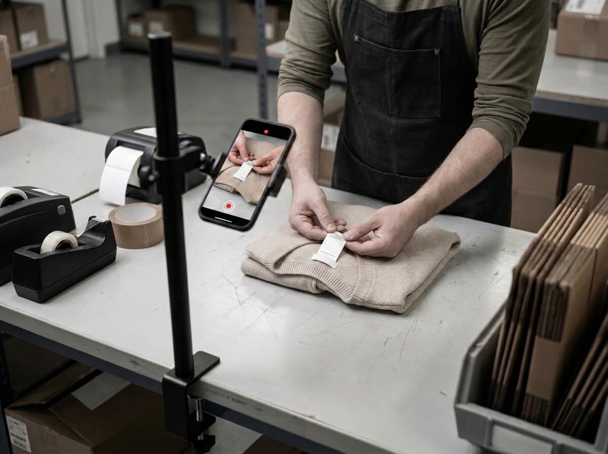 The packer holds the item up to a phone mounted on a stand at the bench.