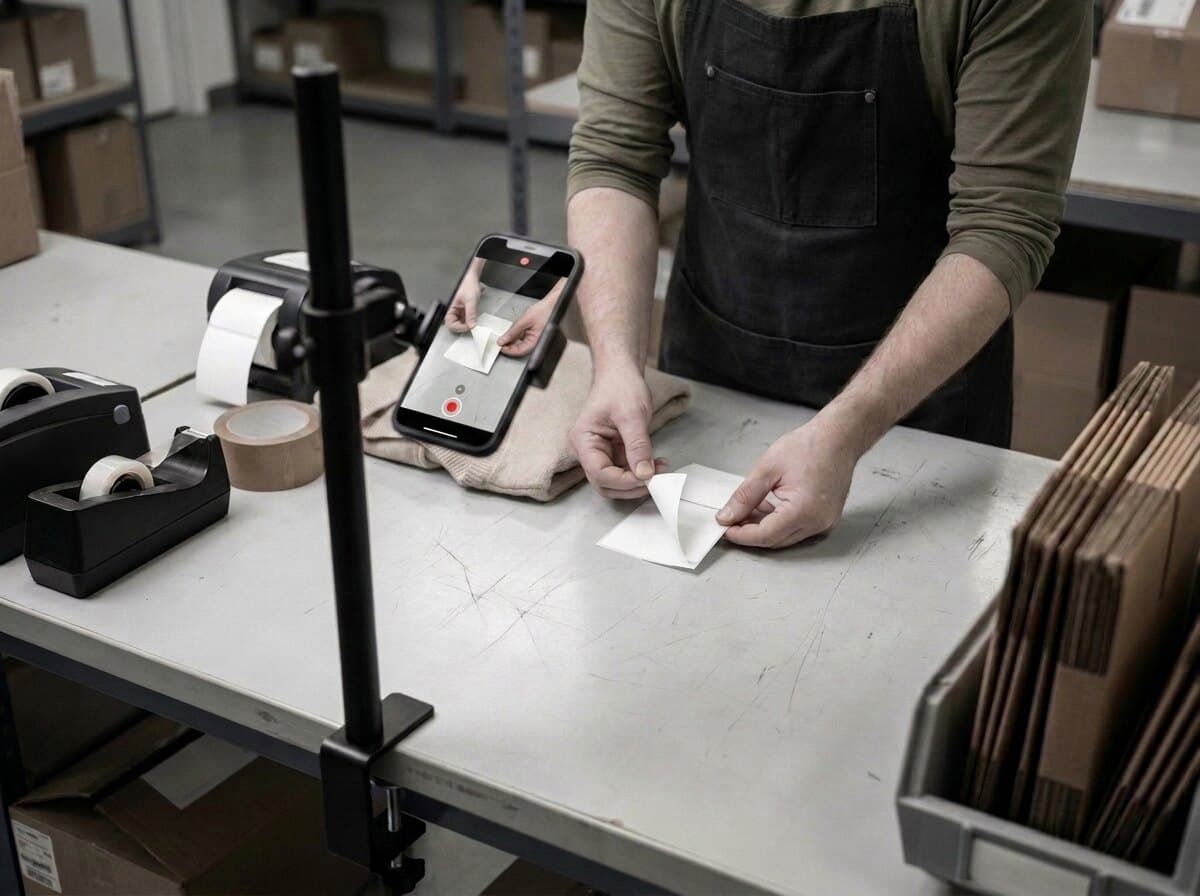 The shipping label is peeled from its backing in front of the mounted phone.