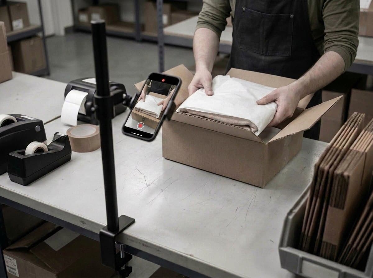 The item is lowered into a padded carton while the phone records.