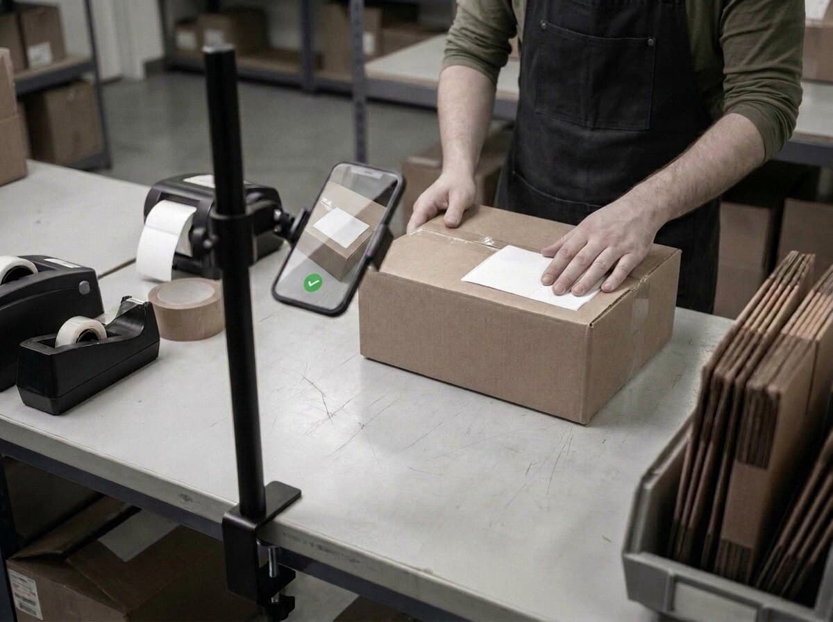 The sealed, labelled carton on the bench; the phone shows a frozen frame with a green tick.