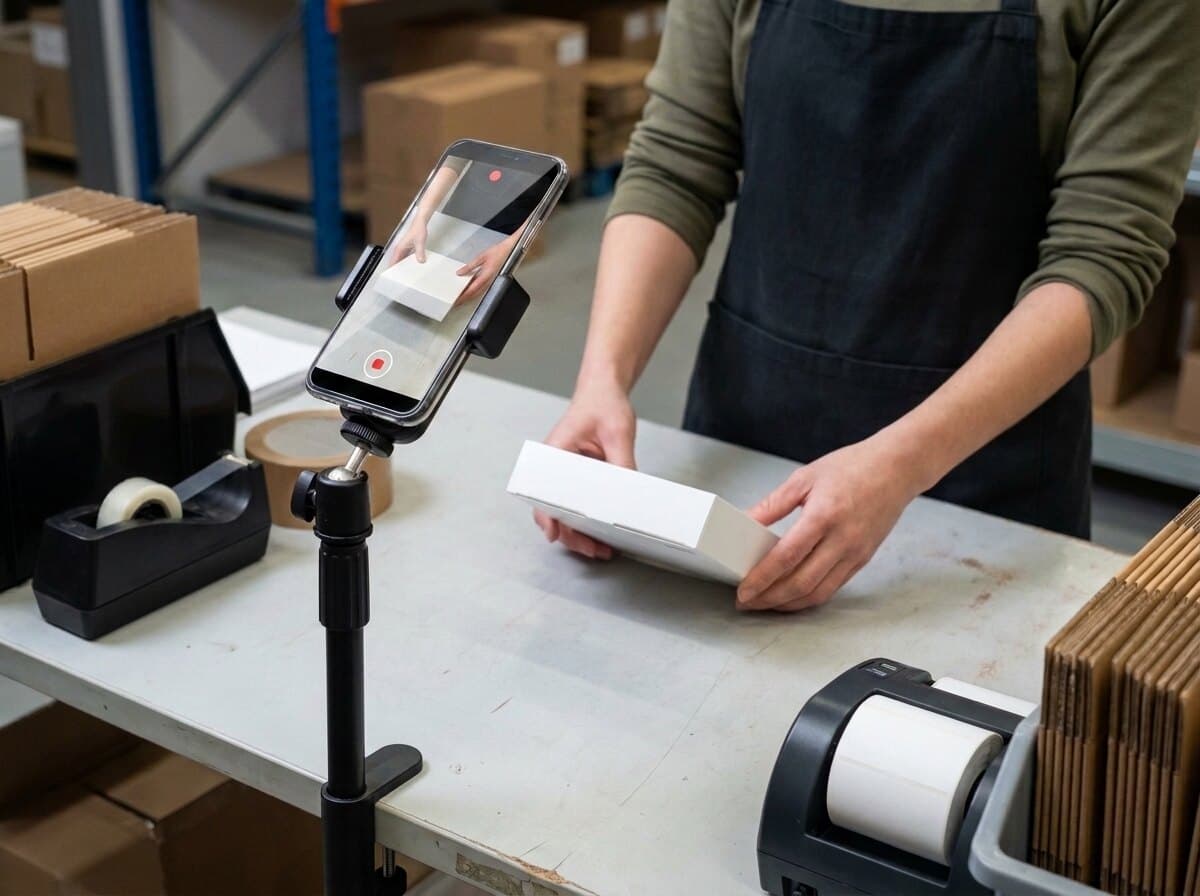 The packer holds the item up to a phone mounted on a stand at the bench.